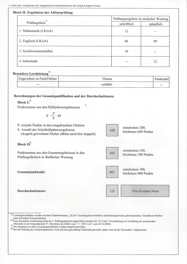 Abiturzeugnis Kolja Grosse